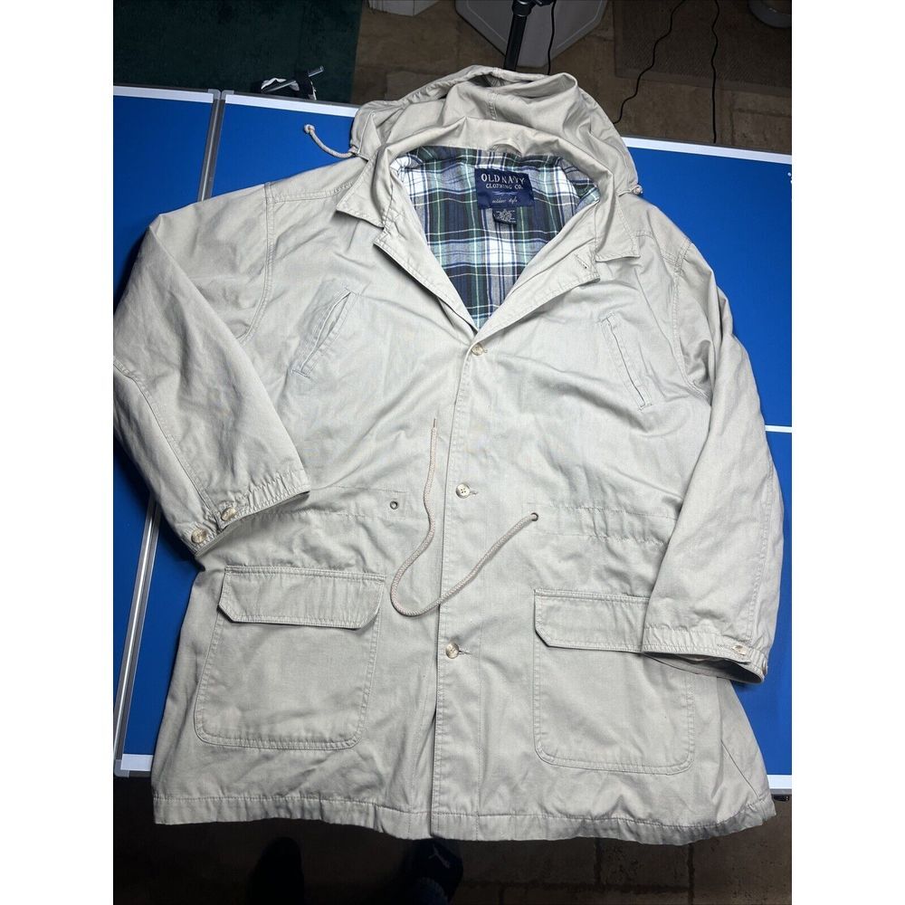 Old Navy Coat XL Beige Jacket Flannel Lined Button Front‎ Pocket VTG Hoodie